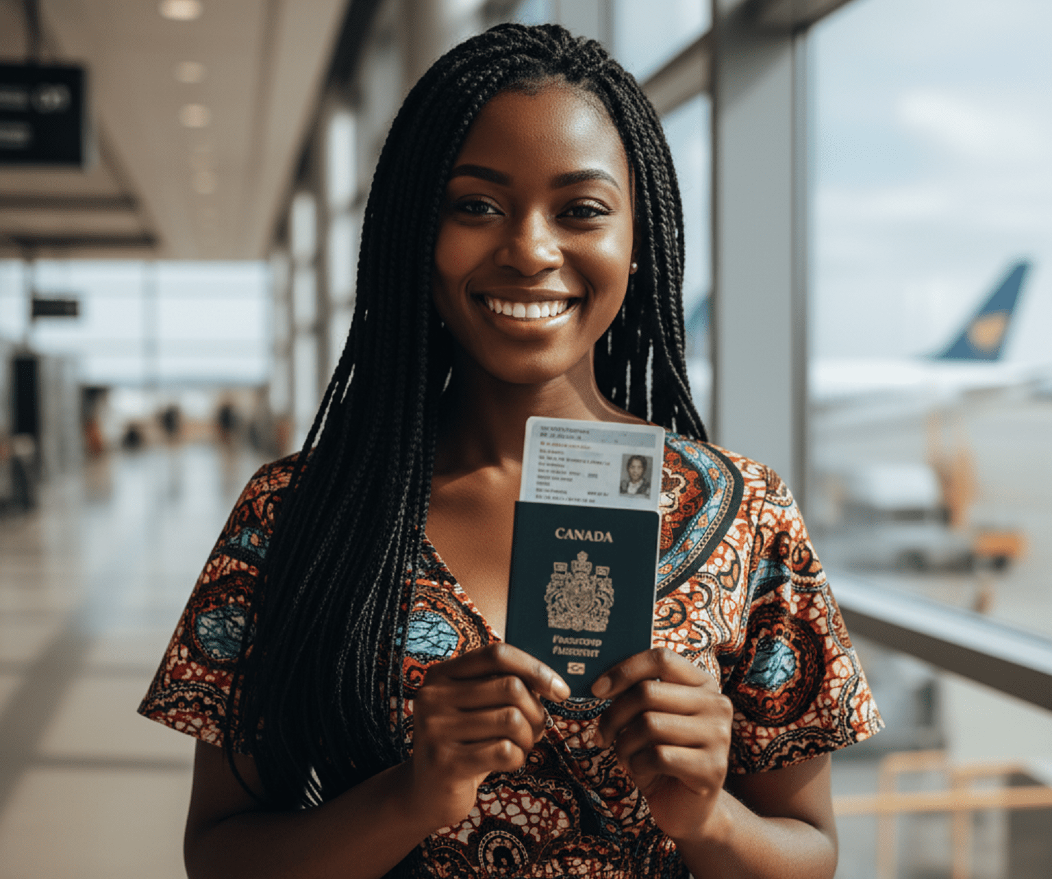 A young Nigerian lady holding her Canada seasonal work visa